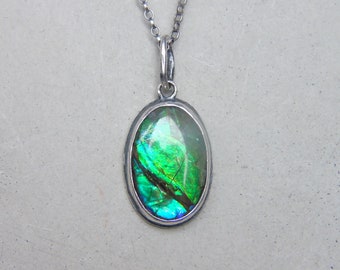 Green and Blue Ammolite Pendant, Sterling Silver Necklace, Natural Canadian Ammolite