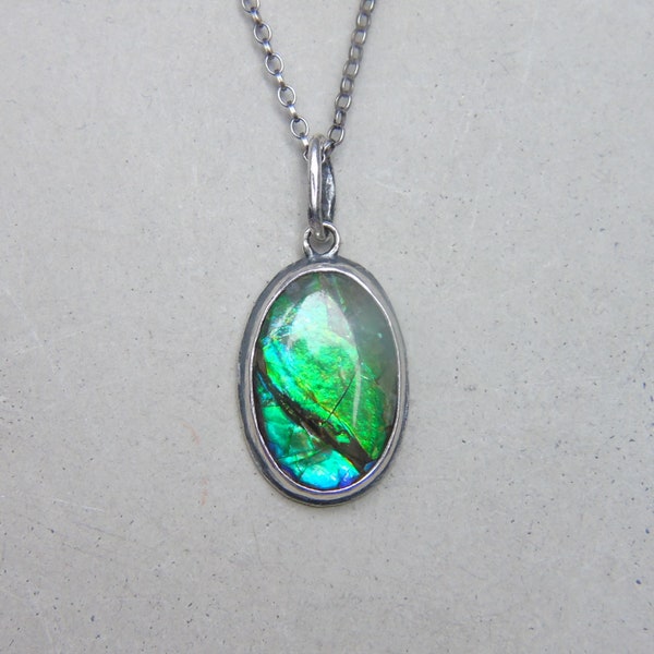 Green and Blue Ammolite Pendant, Sterling Silver Necklace, Natural Canadian Ammolite