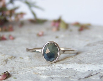 Sapphire ring, rose cut sapphire ring, greenish blue sapphire, delicate stacking sterling silver ring, custom ring