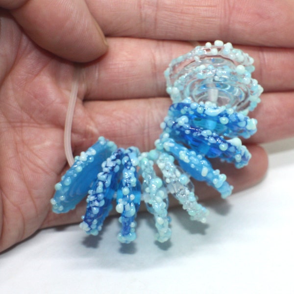 Set of 10 Spiral Disc Beads - Mix Blue Turquoise Aquamarine - 20 mm - Flat Coin Beads - Glossy Matte Beads - Handmade Lampwork Glass Beads