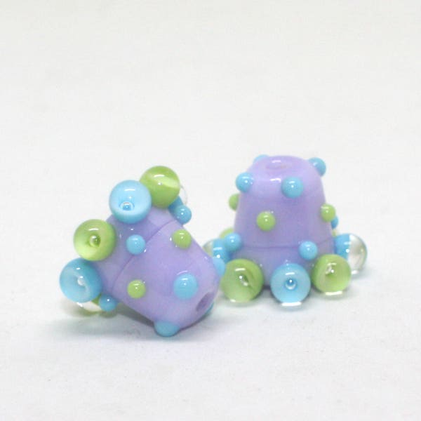 Set 2 Cone Beads, 10 mm x 12 mm, Heffalump Violet Lilac Green Blue Turquoise, Handmade Lampwork Glass Rondelle Beads, Raised Dots, CIM 645