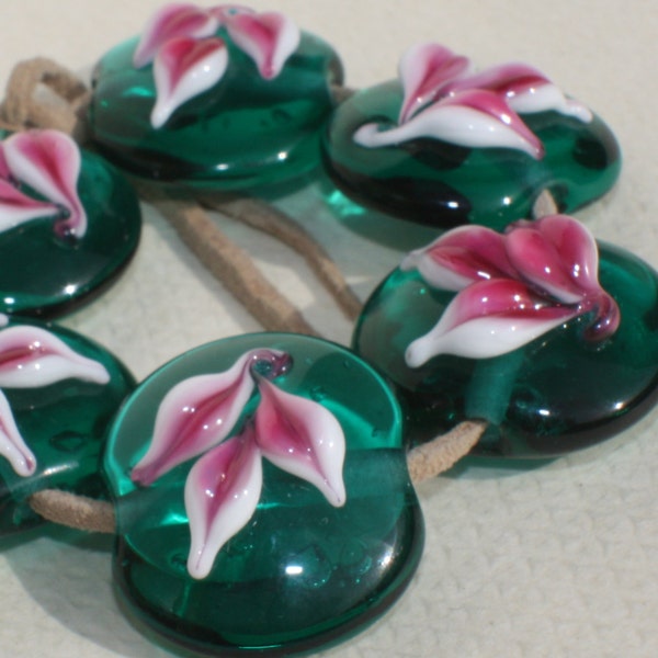 Lampwork Glass Beads Set of 6 - Teal Gree Red Ruby White - Lentil Beads - Flat Beads - Leaves - Textured Transparent Beads - Supplies