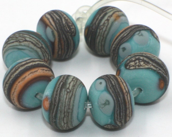 Set 8 Etched Donut Beads Matte Opaque Beads R3203 C217 561 Handmade Lampwork Rondelle Beads 14 mm Green Turquoise Orange Harvest Ivory