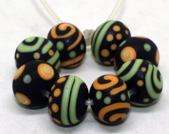 Set 8 Etched Donut Beads Matte Opaque Beads R3203 C217 561 Handmade Lampwork Rondelle Beads 14 mm Green Turquoise Orange Harvest Ivory