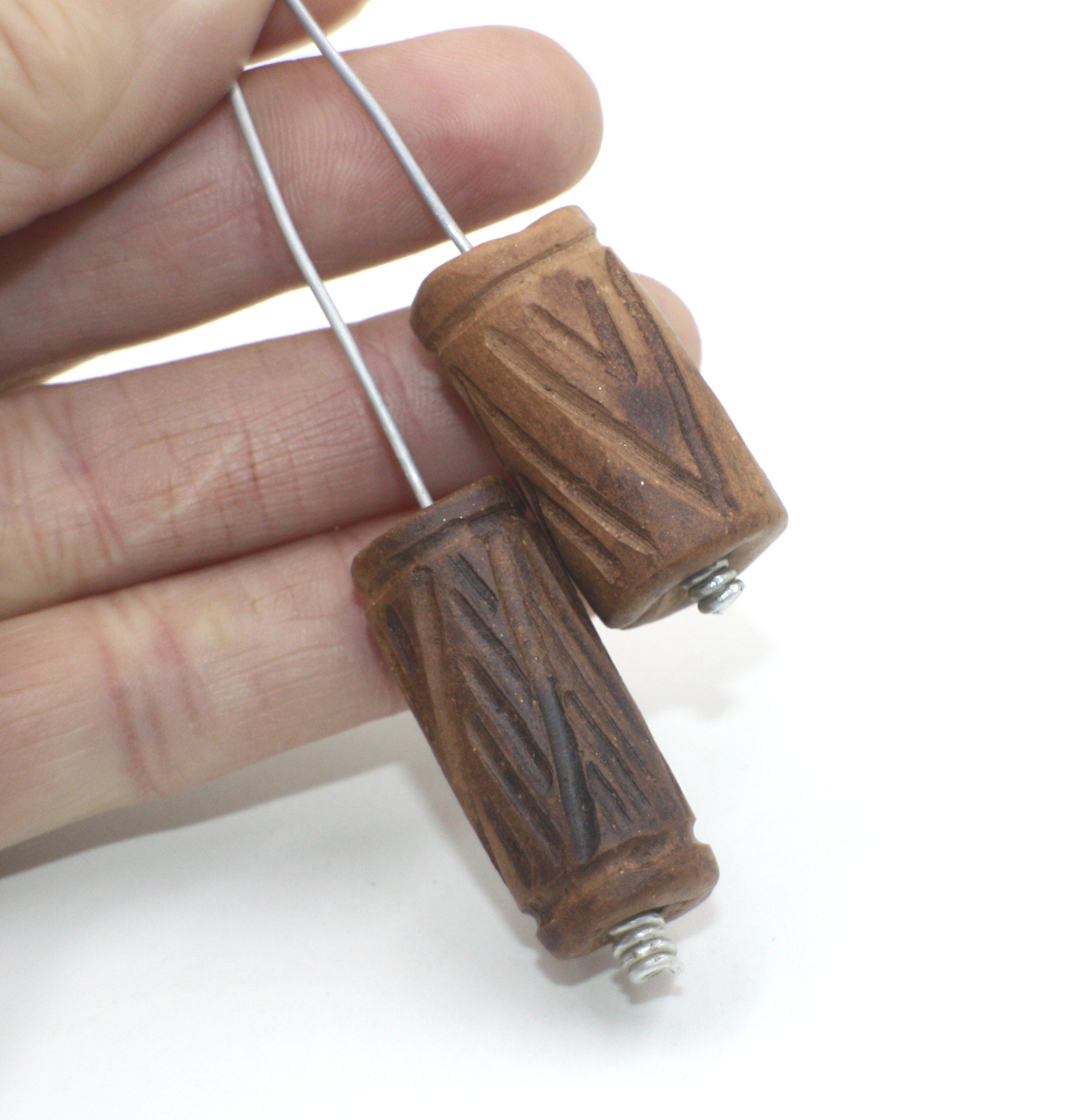 Set 2 Ceramic Cylinder Beads 28mm 32mm Brown Matte Oblong Etsy