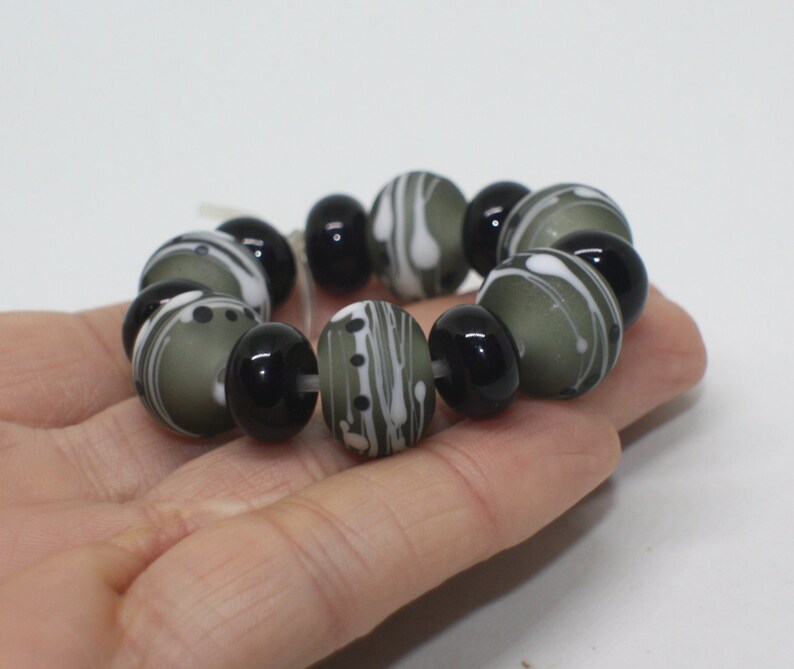 10 mm x 14 mm Points Dots Handmade Lampwork Glass Rondelle Beads Gray White Black Set 6 Etched Donut Beads Matte Opaque Beads