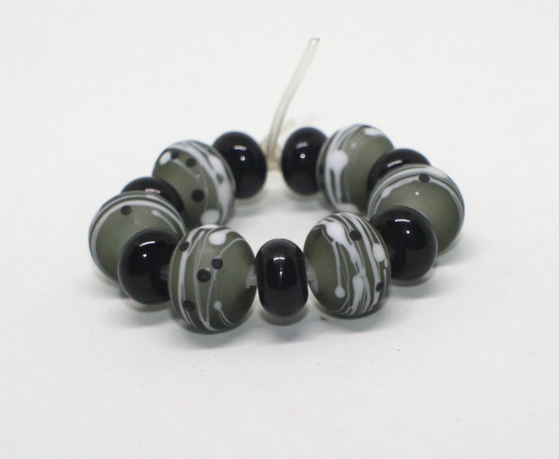 10 mm x 14 mm Points Dots Handmade Lampwork Glass Rondelle Beads Gray White Black Set 6 Etched Donut Beads Matte Opaque Beads