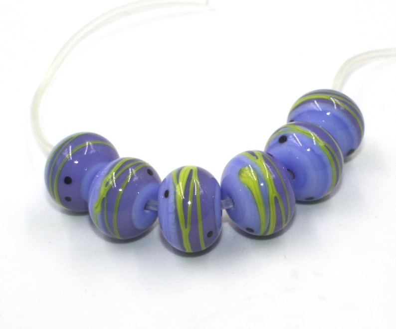 Opaque Glossy Beads 14mm Wisteria Violet Purple Blue Periwinkle Green Set 6 Donut Beads Handmade Lampwork Glass Beads