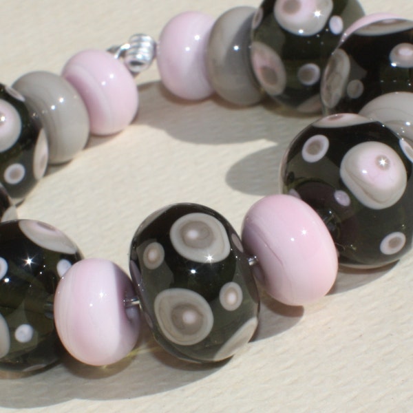 Lampwork Glass Beads Set of 17 - Gray Pink Black - Round Donut Beads - Rondelles Spacer - Transparent and Pastel Beads - Mix - Supplies