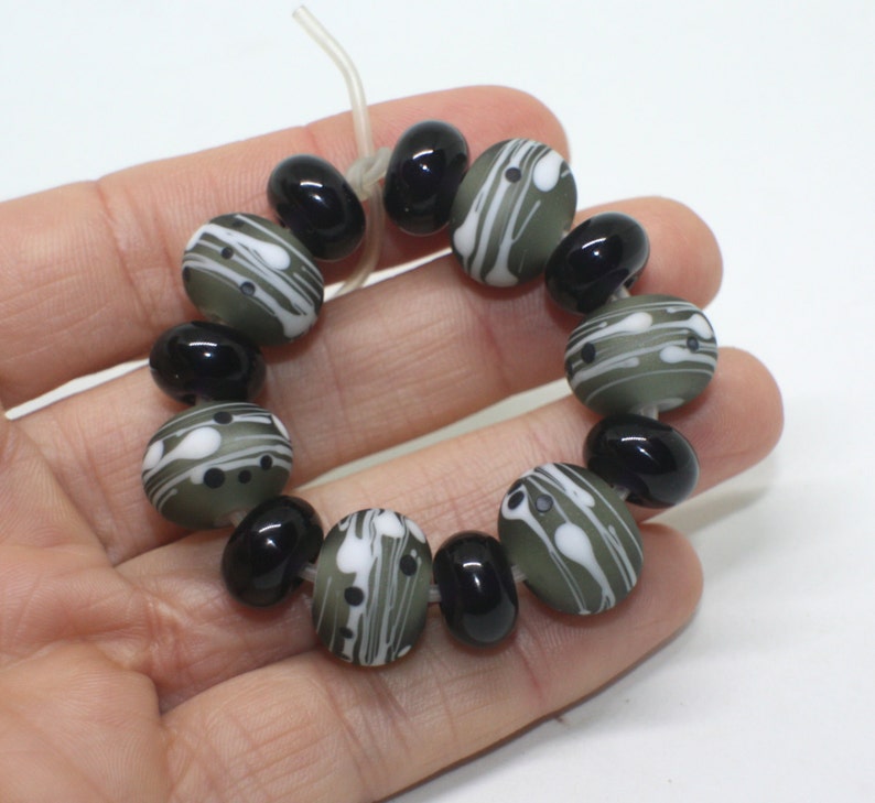 10 mm x 14 mm Points Dots Handmade Lampwork Glass Rondelle Beads Gray White Black Set 6 Etched Donut Beads Matte Opaque Beads