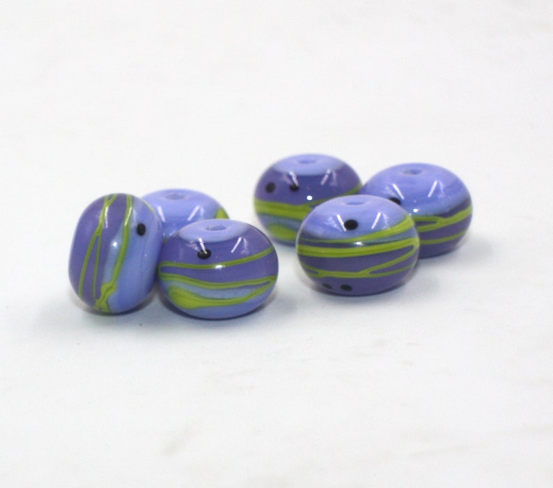 Opaque Glossy Beads 14mm Wisteria Violet Purple Blue Periwinkle Green Set 6 Donut Beads Handmade Lampwork Glass Beads