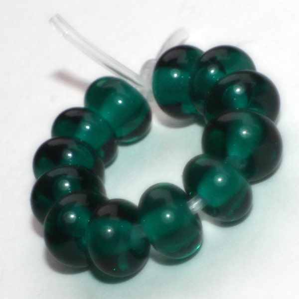 Set of 12 Darkly Teal Green Rondelles Spacer Beads - Transparent Donut Handmade Lampwork Glass Beads