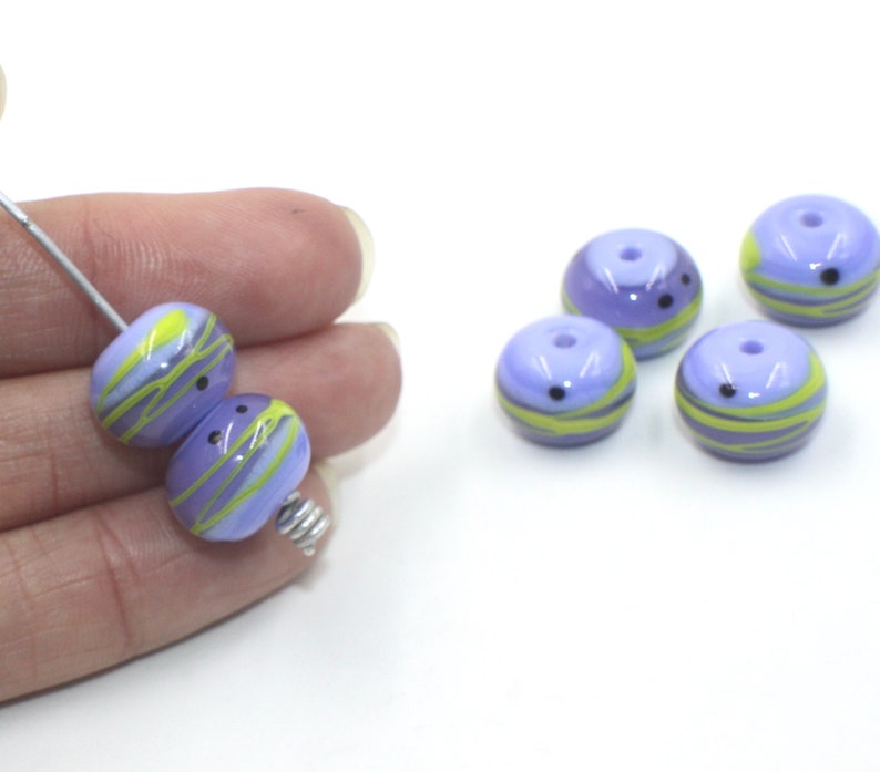 Opaque Glossy Beads 14mm Wisteria Violet Purple Blue Periwinkle Green Set 6 Donut Beads Handmade Lampwork Glass Beads