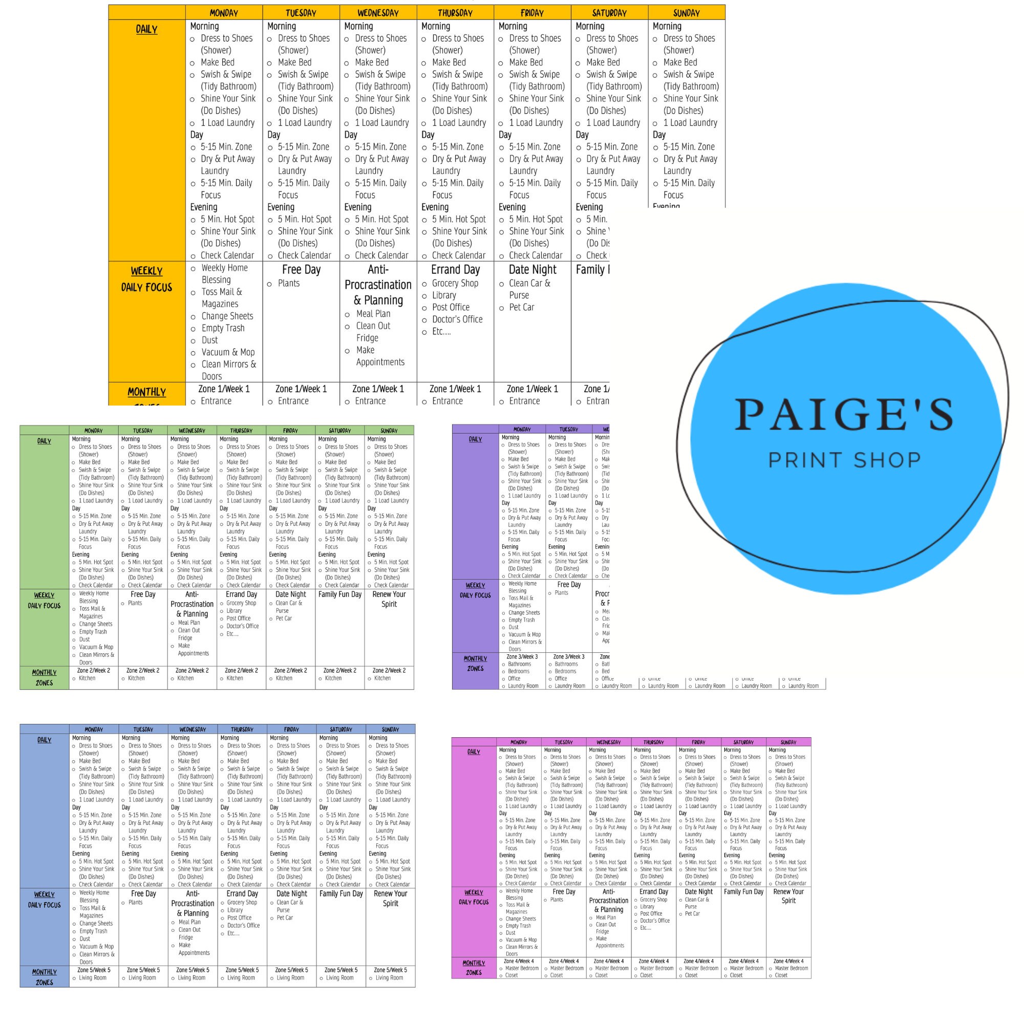 Zone Cleaning Digital File - Daily / Weekly / Monthly - Color Coded