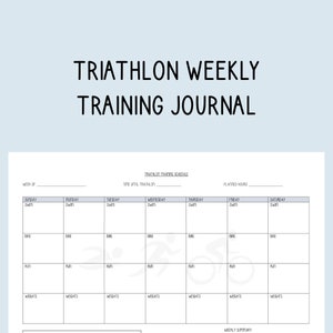 Peut inclure: Un journal d'entraînement hebdomadaire imprimable pour les triathlètes. Le journal comprend des sections pour la natation, le vélo, la course à pied et les poids. Il comprend également une section pour le résumé hebdomadaire.