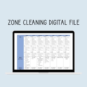 May include: A digital printable zone cleaning schedule for a week. The schedule is divided into daily, weekly, and monthly tasks. The daily tasks include morning and evening routines, such as dressing, showering, making the bed, and tidying the bathroom. The weekly tasks include errands, grocery shopping, and date night. The monthly tasks include cleaning the living room and vacuuming.