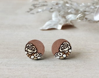 Rose Gold Wooden  Earrings with Rose Design | Unique Wooden Studs | Chic Hand Painted Vintage Jewelry | Laser Engraved Wood | Gift Idea
