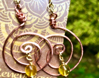 Copper Earrings - Spiral Earrings - Peridot Earrings - Unique Gemstone Earrings - Rustic Earrings - Earthy Earrings- Boho Earrings