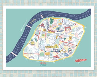 Affiche Carte d'Avignon Illustrée - Décoration murale colorée - Souvenir de voyage - Art urbain Sud de la France