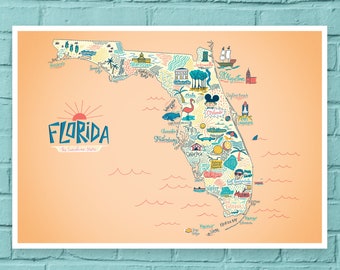 Poster - Illustrated map of Florida, decorative gift illustration for fans of the USA - map design