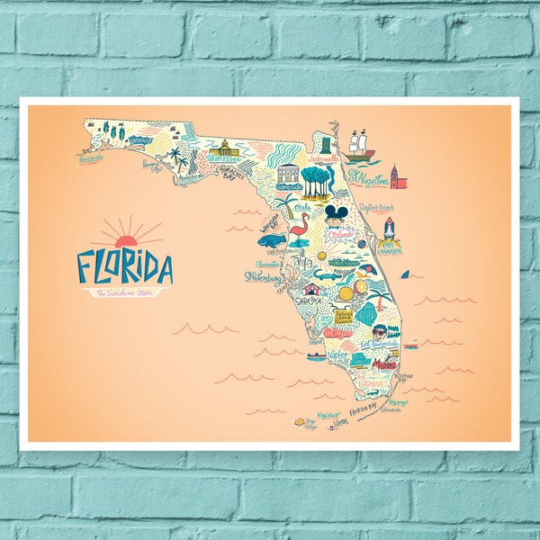 Affiche - Carte illustrée de la Floride, illustration cadeau déco pour fan des USA - map design