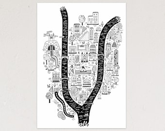 Illustration of the city of Lyon in black and white poster deco Lyon