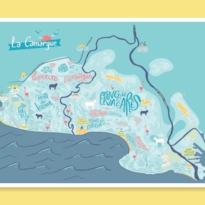 Affiche - Carte de la Camargue, illustration cadeau déco pour voyageur ou amoureux de la Camargue et du sud de la France - map design