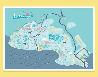 Affiche - Carte de la Camargue, illustration cadeau déco pour voyageur ou amoureux de la Camargue et du sud de la France - map design