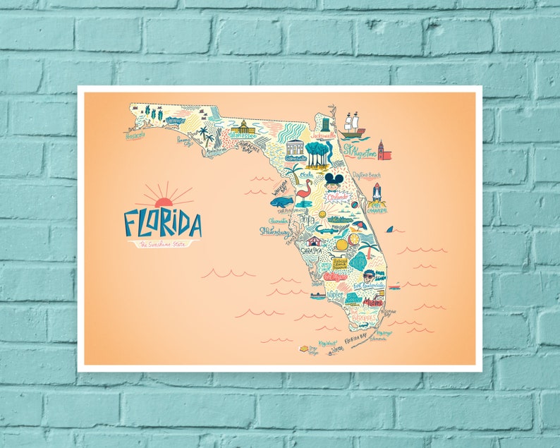 Poster Illustrated map of Florida, decorative gift illustration for fans of the USA map design image 1