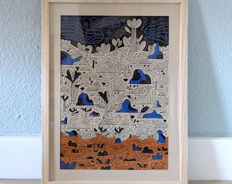 Dibujo original - Noche en la maleza - Tierras imaginarias - Ilustración en tinta y Posca - Azul anaranjado - Listo para enmarcar - 30x40cm