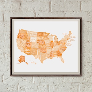 Affiche - Carte des USA des spécialités culinaires, illustration cadeau déco pour gastronome ou fan des États-Unis - map design