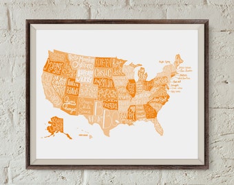 Affiche - Carte des USA des spécialités culinaires, illustration cadeau déco pour gastronome ou fan des États-Unis - map design