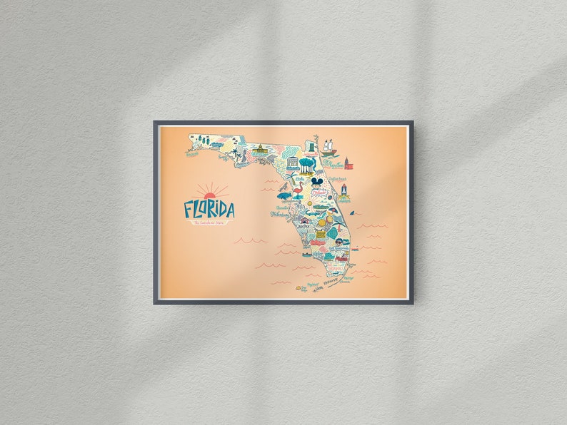 Poster Illustrated map of Florida, decorative gift illustration for fans of the USA map design image 2