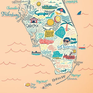 Poster Illustrated map of Florida, decorative gift illustration for fans of the USA map design image 6
