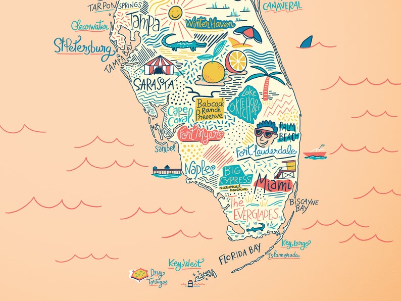 Poster Illustrated map of Florida, decorative gift illustration for fans of the USA map design image 6