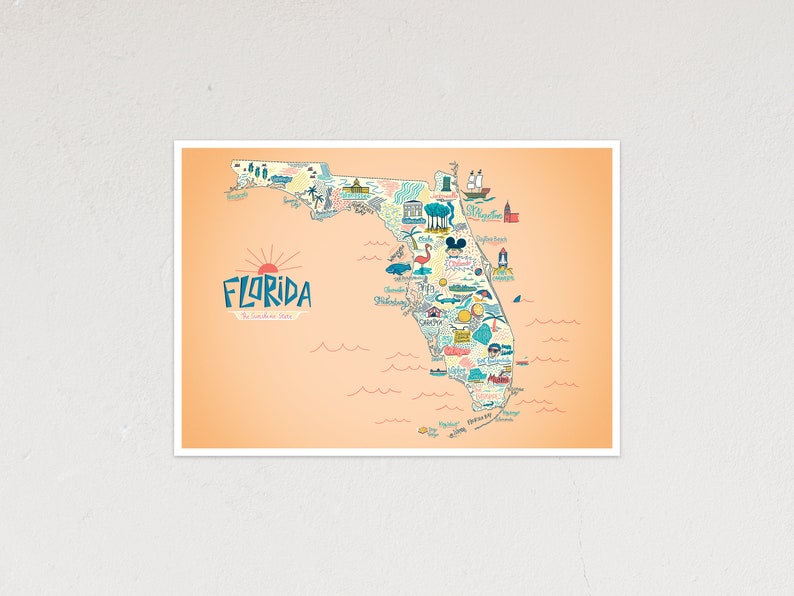 Poster Illustrated map of Florida, decorative gift illustration for fans of the USA map design image 5