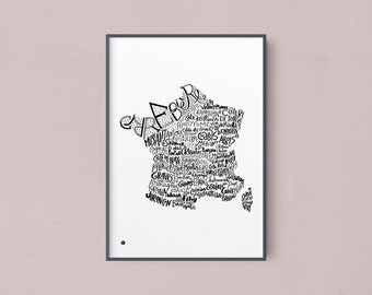 Poster - French wine map - Black & white