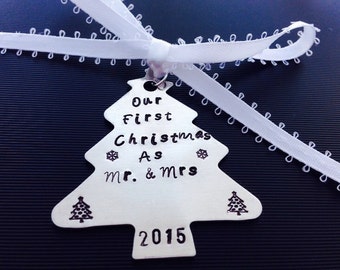 Our First Christmas as Mr. and Mrs Ornament-Personalized Our 1st Christmas Ornament - Hand Stamped Aluminum Keepsake Ornament Christmas tree