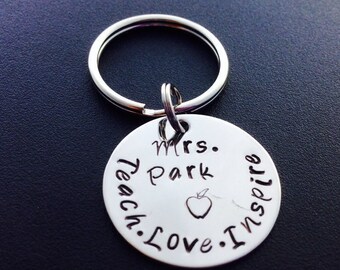 Hand Stamped Personalized Keychain Teacher Gift Teach Love Inspire School Year Teacher Appreciation