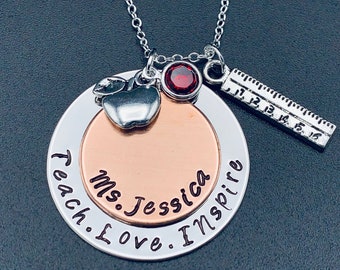 Teacher Necklace Hand Stamped Special Teacher Jewelry for Teacher Personalized Best Teacher Ever Love to Teach Copper Necklace