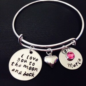 I love you to the moon and back-Personalized mom Hand Stamped Jewelry Expandable Wire Bangle Name Birthstone Bracelet Family image 2