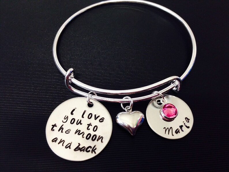 I love you to the moon and back-Personalized mom Hand Stamped Jewelry Expandable Wire Bangle Name Birthstone Bracelet Family image 2