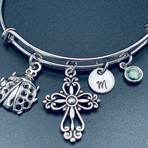 Ladybug Bangle, Lady beetle, ladybird, antique ladybug, Expandable bangle, Personalized bracelet, Charm bangle, Monogram, Initial bracelet