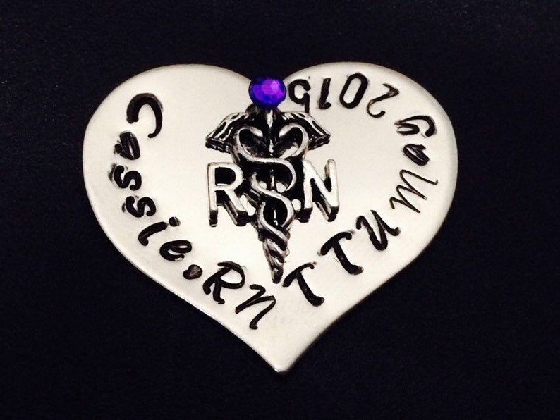 Hand Stamped Pin for RN , LPN or Cadeceus / Nurses / Nursing Student / Nursing Pinning Ceremony / RN pin / Lpn Pin / Nursing Graduate image 1