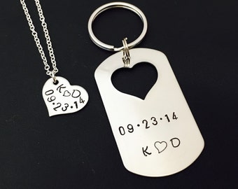 personalized keychain- couples necklace-couples keychains -valentines day -dog tag-heart-couples necklace-date and initial