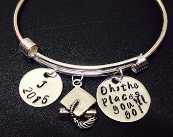 Personalized Oh the Places You'll Go Graduation Bracelet - Hand Stamped Jewelry -  Senior Graduation Gift 2015 -Grad Bangle