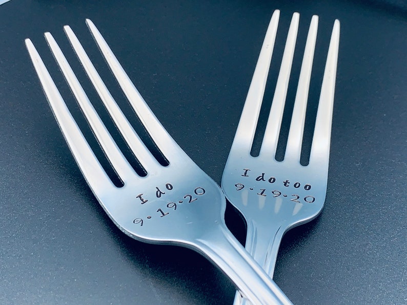 I do /I do too Personalized wedding forks-Personalized Forks Message of Choice Wedding Cake Forks Hand Stamped Forks Dinner Forks image 9