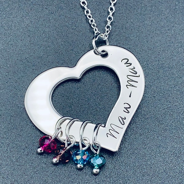 Hand Stamped Jewelry - Personalized Jewelry - Grandma - Mamma - Mom Heart Necklace - Engraved - Grandmother Necklace - four Birthstones