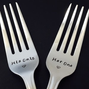 CUSTOM  Forks-Hand Stamped-Personalized Forks -Valentine&#39;s Day Gift-Wedding Cake Forks- Hand Stamped His Only and Her One-Dessert Forks