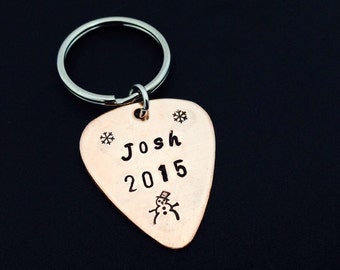 Hand Stamped Guitar Pick with Leather Key Chain Case / " Name" and "year" key chain - Valentine's Day Gift - Christmas Gift - Copper Pick
